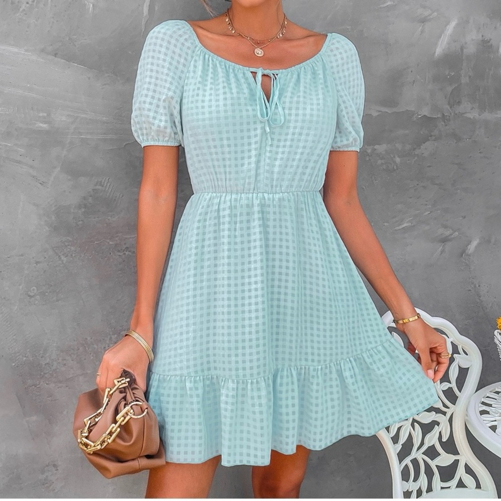Blue and Pink Tiered Ruffled Mini Sundress with Puff Sleeves